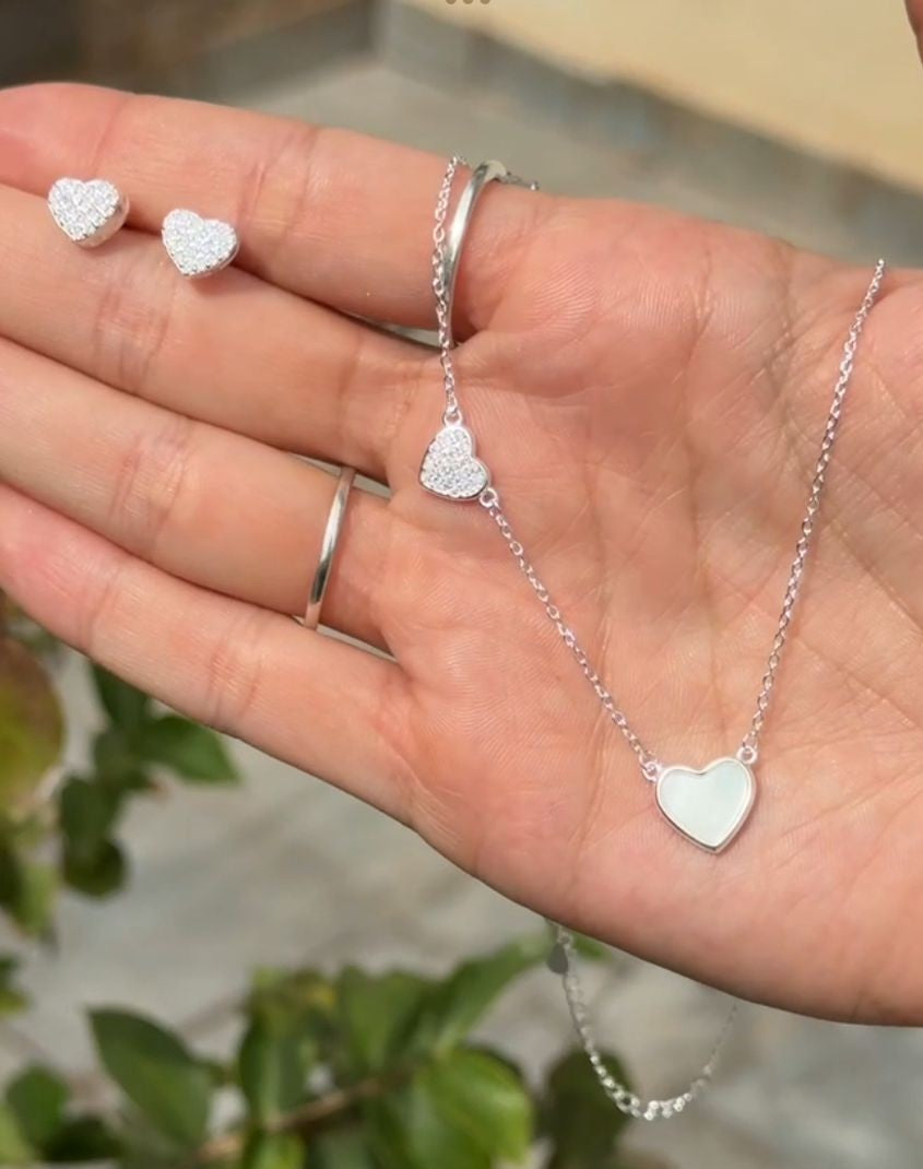 CONJUNTO CORAÇÃO MADREPÉROLA EM PRATA 925