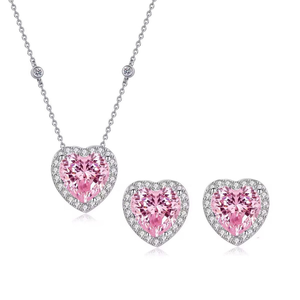 CONJUNTO CORAÇÃO ROSA PRATA 925 COM BANHO DE RÓDIO