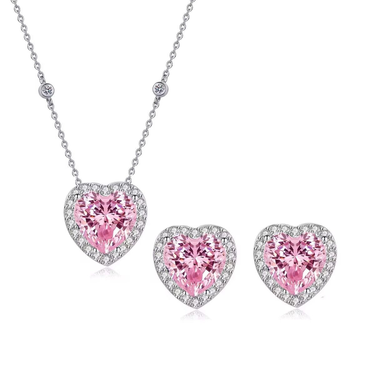 CONJUNTO CORAÇÃO ROSA PRATA 925 COM BANHO DE RÓDIO