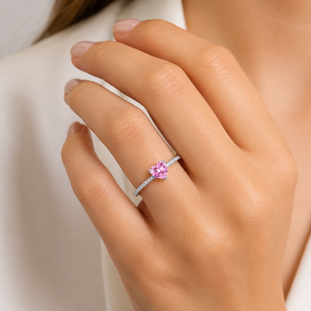 SOLITÁRIO CORAÇÃO ROSA PRATA 925 COM BANHO DE RÓDIO