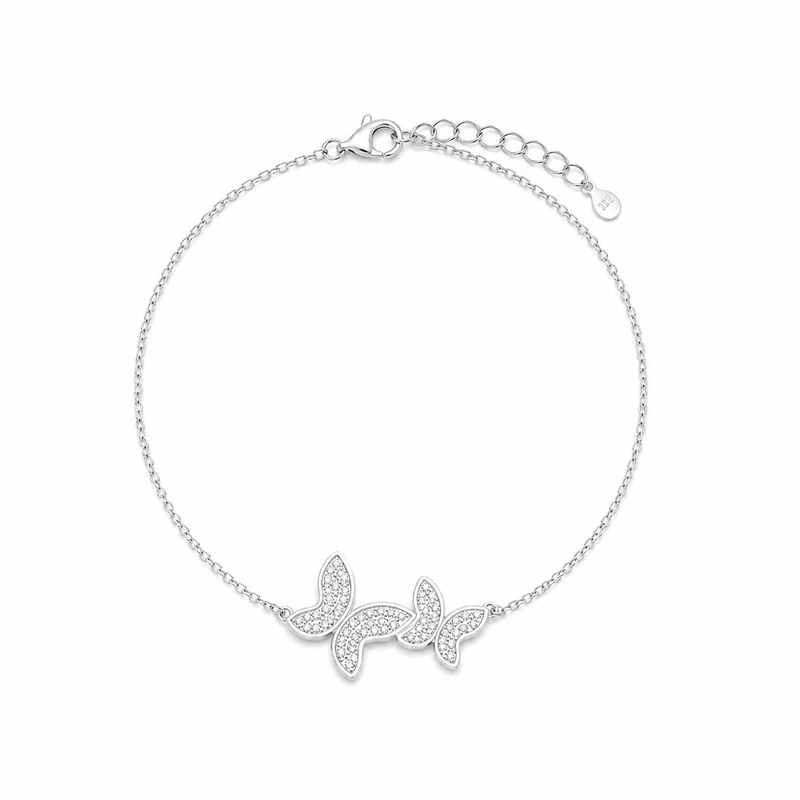 PULSEIRA DUAS BORBOLETAS CRAVEJADAS PRATA 925