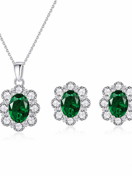 CONJUNTO FLOR VERDE ESMERALDA PRATA 925 COM BANHO DE RÓDIO 40+5CM
