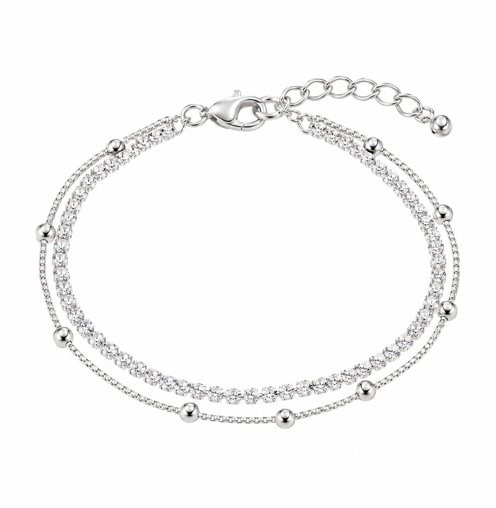 PULSEIRA DUPLA RIVIEIRA CRISTAL E BOLINHAS SEMIJOIA PRATEADA