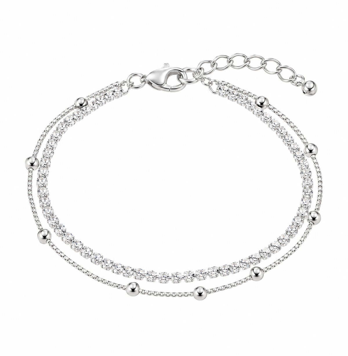 PULSEIRA DUPLA RIVIEIRA CRISTAL E BOLINHAS SEMIJOIA PRATEADA
