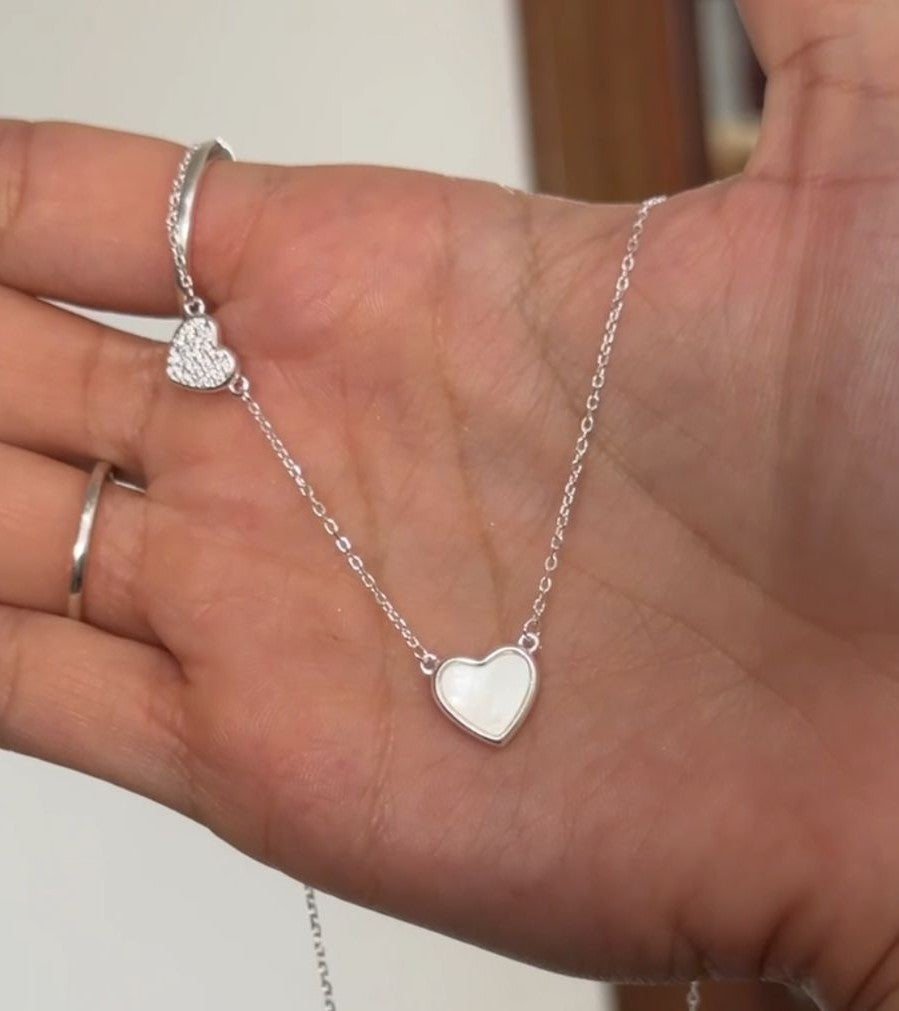 CONJUNTO CORAÇÃO MADREPÉROLA EM PRATA 925